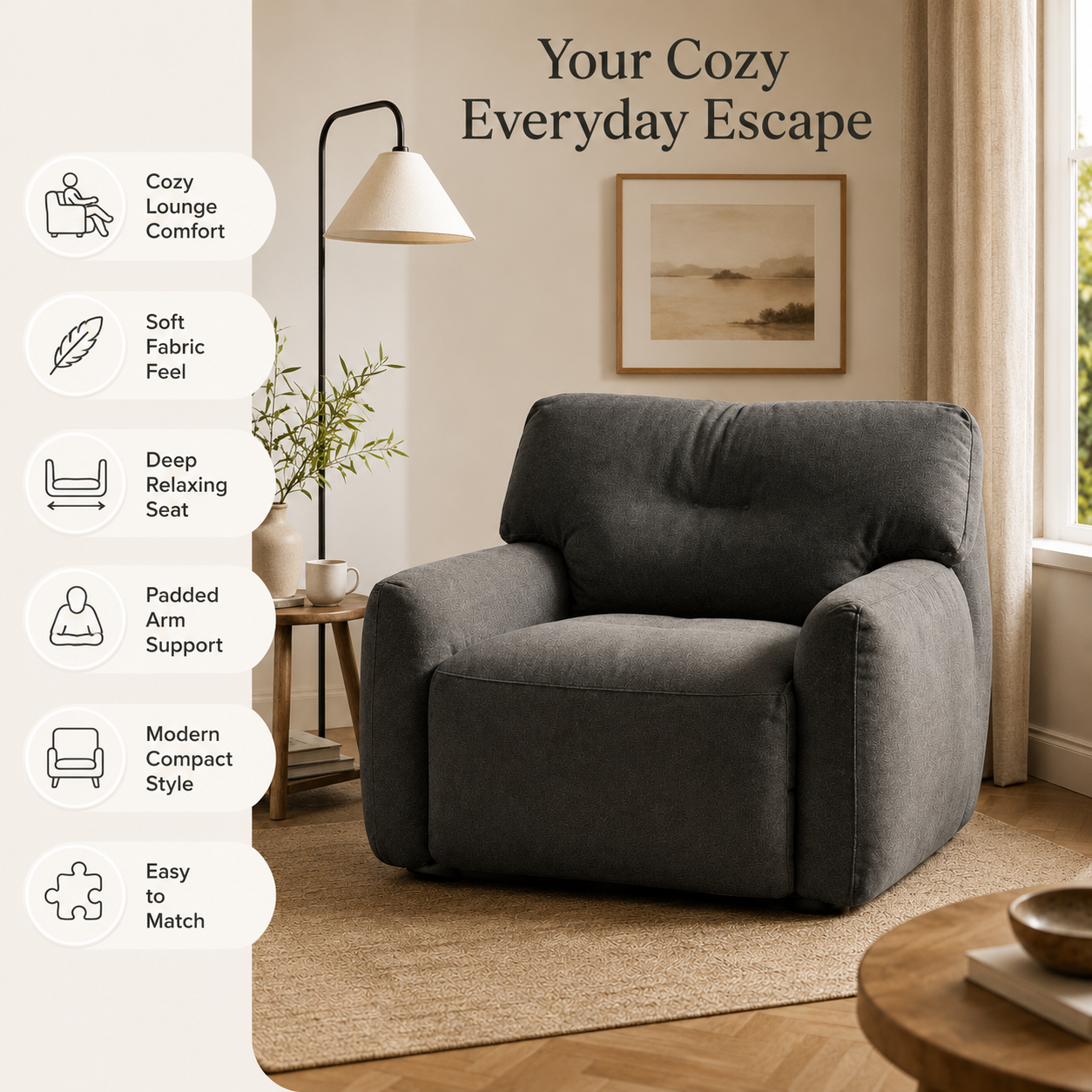 Modern Upholstered Accent Chair with Deep Seat and Soft Fabric