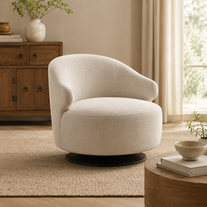 Modern Bouclé Swivel Accent Chair with Curved Back and Deep Seat