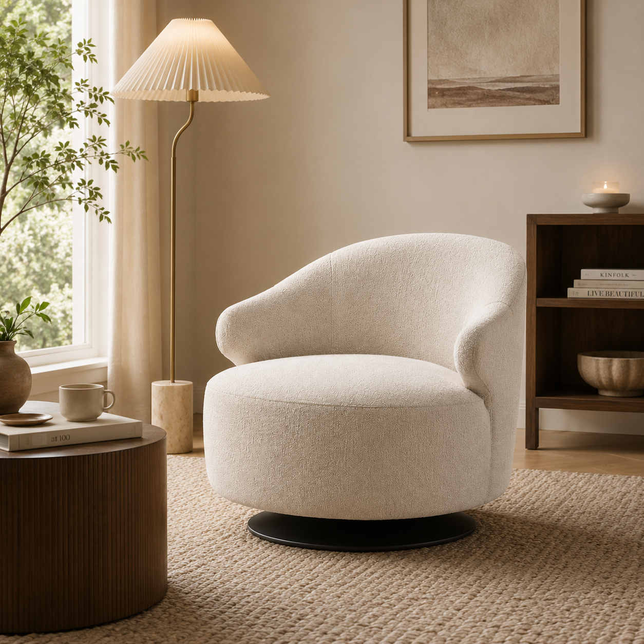 Modern Bouclé Swivel Accent Chair with Curved Back and Deep Seat