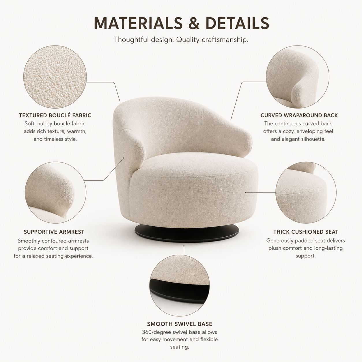 Modern Bouclé Swivel Accent Chair with Curved Back and Deep Seat