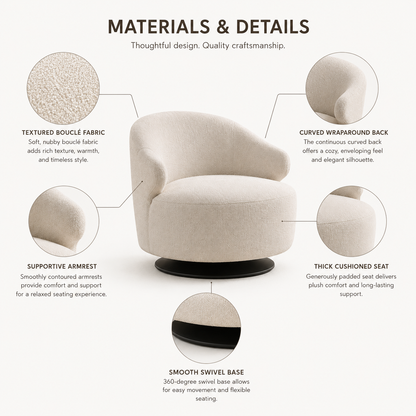 Modern Bouclé Swivel Accent Chair with Curved Back and Deep Seat