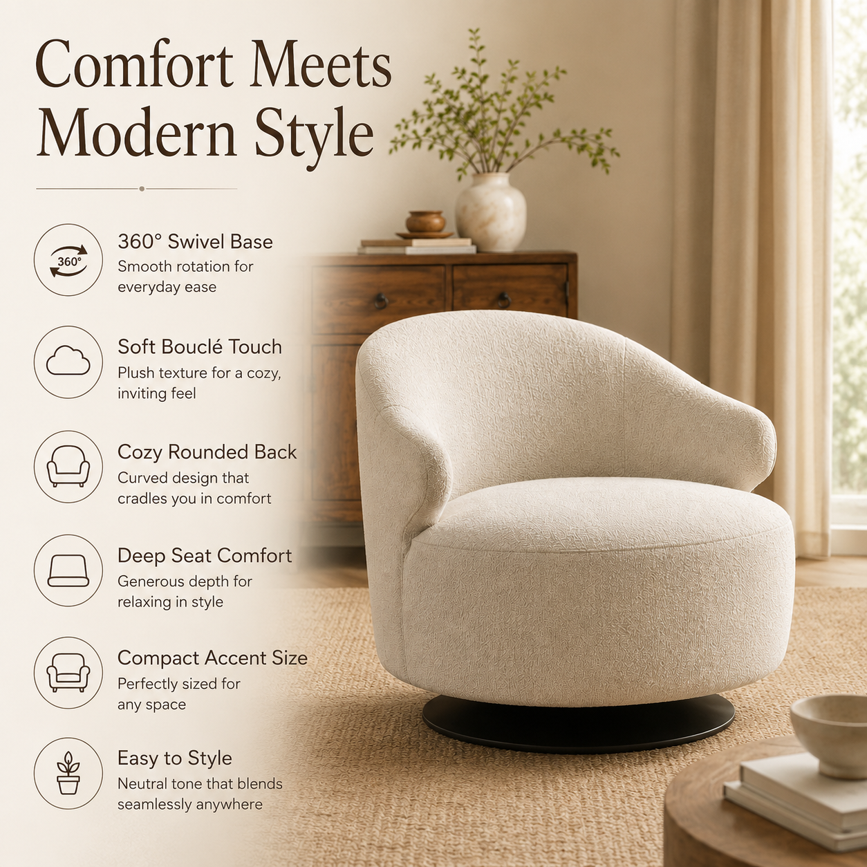 Modern Bouclé Swivel Accent Chair with Curved Back and Deep Seat