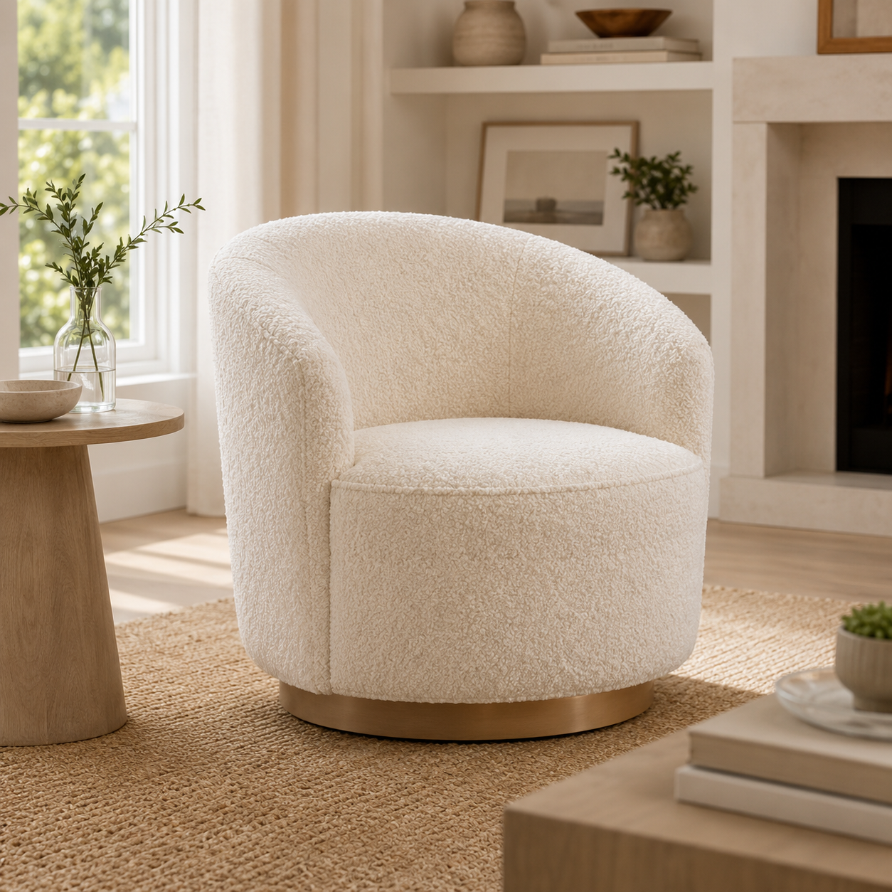 Boucle Swivel Accent Chair with Curved Barrel Design