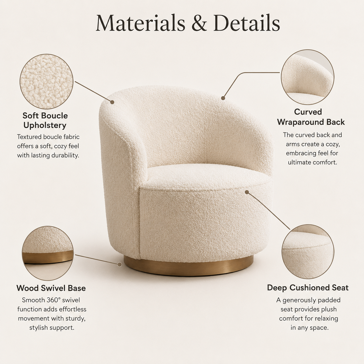 Boucle Swivel Accent Chair with Curved Barrel Design