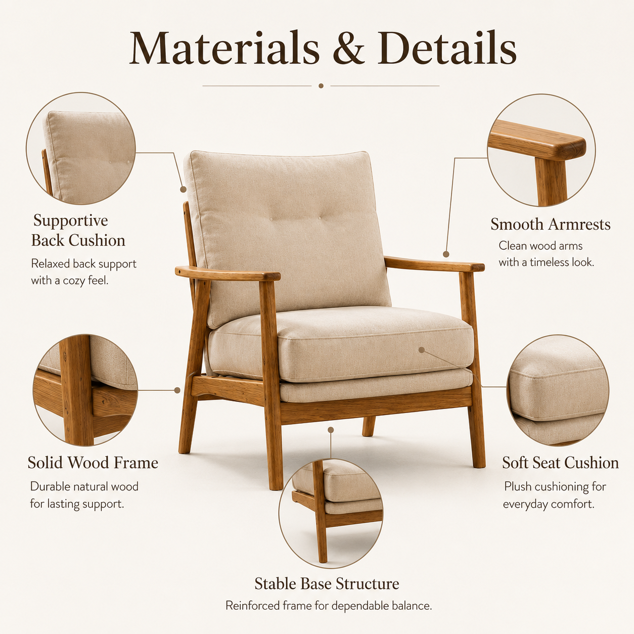 Modern Solid Wood Accent Chair with Deep Cushion Seat