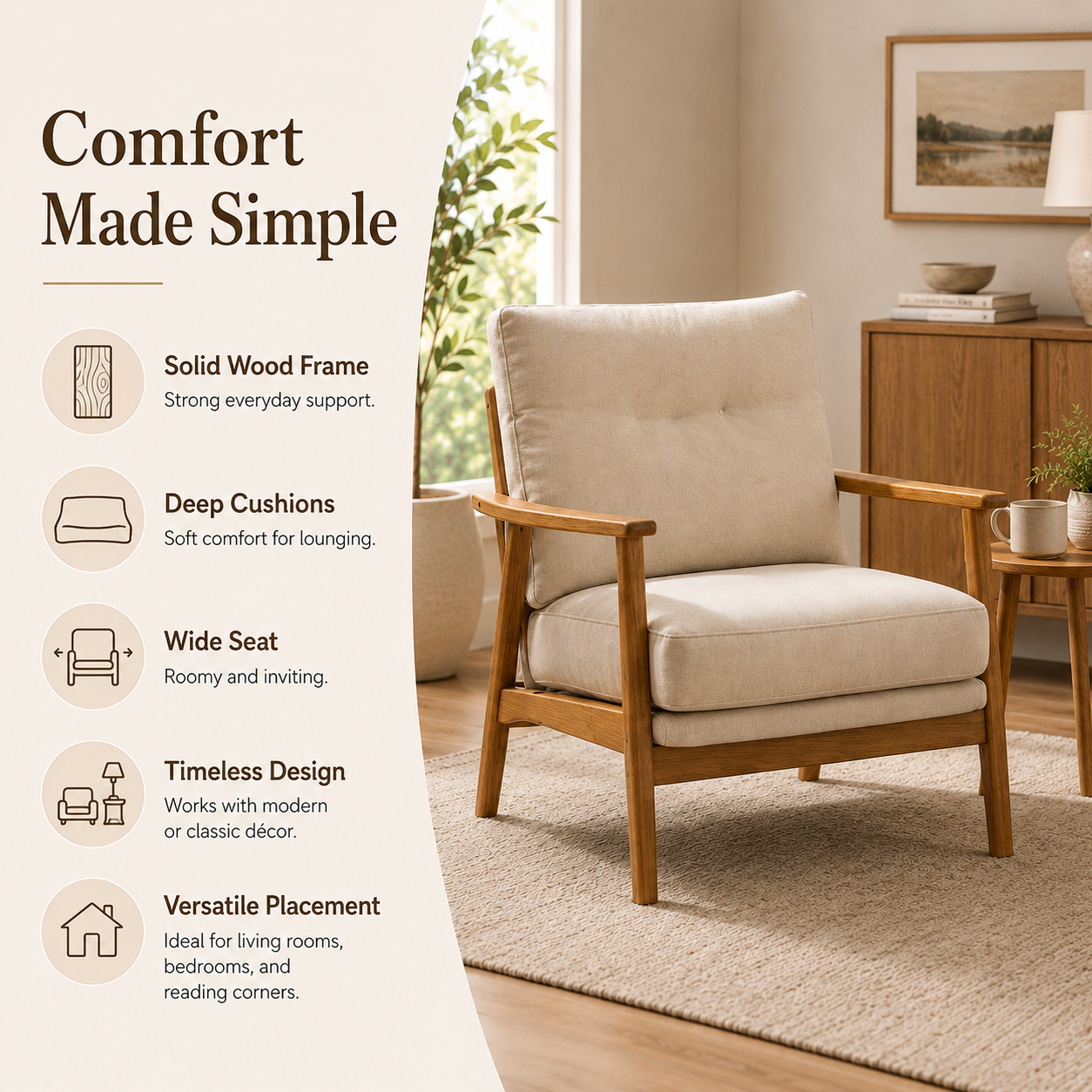 Modern Solid Wood Accent Chair with Deep Cushion Seat