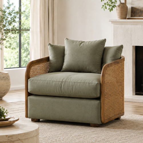 Rattan Accent Chair with Solid Wood Frame and Plush Cushion