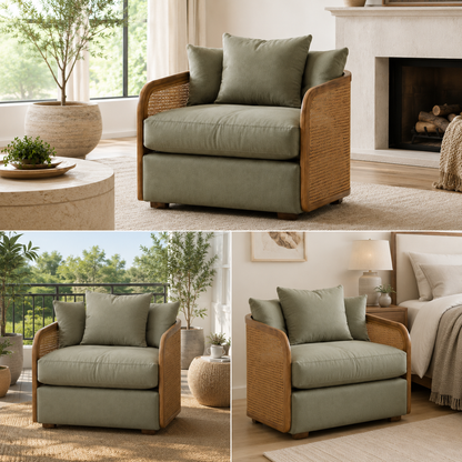 Rattan Accent Chair with Solid Wood Frame and Plush Cushion