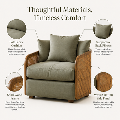 Rattan Accent Chair with Solid Wood Frame and Plush Cushion