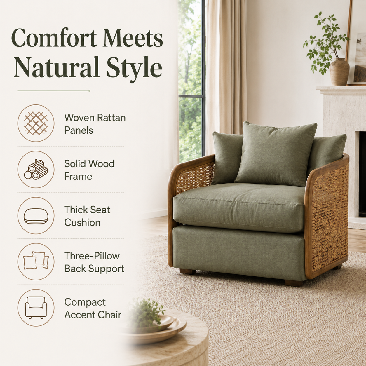 Rattan Accent Chair with Solid Wood Frame and Plush Cushion