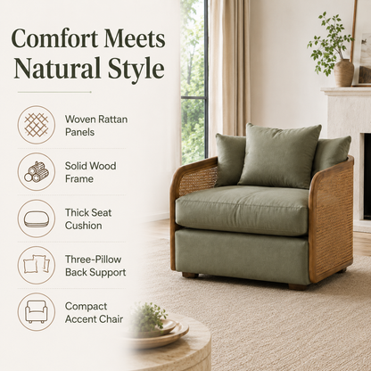 Rattan Accent Chair with Solid Wood Frame and Plush Cushion