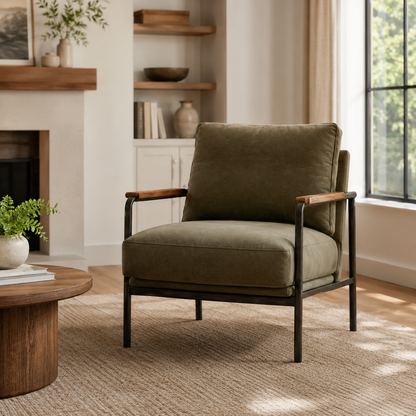 Modern Upholstered Accent Chair with Wooden Armrests and Metal Frame