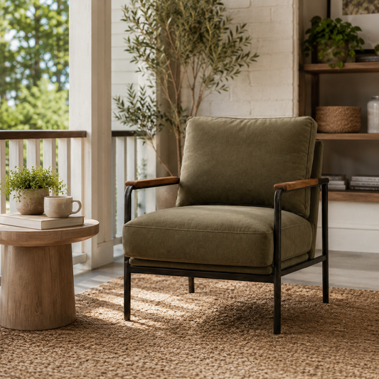 Modern Upholstered Accent Chair with Wooden Armrests and Metal Frame