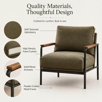Modern Upholstered Accent Chair with Wooden Armrests and Metal Frame