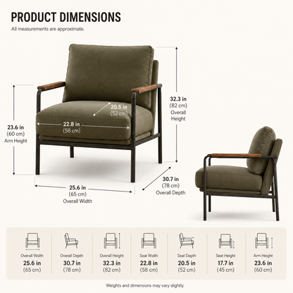 Modern Upholstered Accent Chair with Wooden Armrests and Metal Frame
