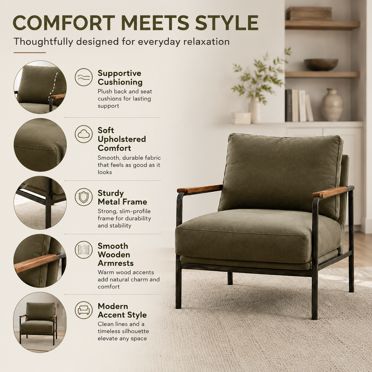 Modern Upholstered Accent Chair with Wooden Armrests and Metal Frame