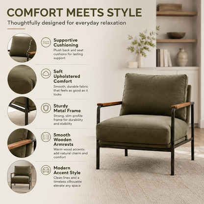 Modern Upholstered Accent Chair with Wooden Armrests and Metal Frame